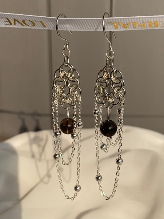 Chainmaille Earrings with Smoky Quartz and Chain Tassels