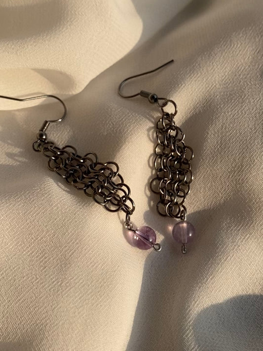 Chainmaille Drop Earrings with Amethyst Beads